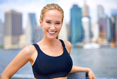 Buy stock photo Woman, portrait and confident in city for workout morning routine, wellness and fitness for active cardio. Female person, happy and runner or athlete for sports hobby or training exercise in New York