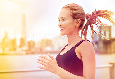 Buy stock photo Woman, athlete and running for fitness in city, jogging active and or happy female person exercising in New York. Energy, marathon for sports training or workout, cardio for endurance wellness
