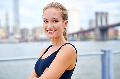 Buy stock photo Exercise, portrait and woman with arms crossed for fitness, morning workout or running competition in city. Smile, wellness and face of female person for cardio, energy and confidence in New York