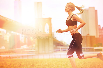 Buy stock photo Woman, healthy and running for fitness in city, jogging active and happy female person exercising in New York. Energy, marathon or sports training or workout, cardio for endurance wellness or flare