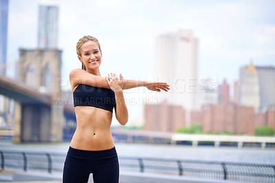 Buy stock photo Woman, stretching and runner for fitness in city, mobility active and fit female person exercising in New York. Energy, flexibility for sports training and workout for athlete, cardio for endurance