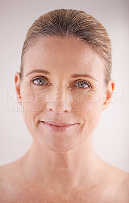 Buy stock photo Studio, portrait or mature woman with beauty, confidence or pride isolated on white background. Facial treatment, skincare benefits or natural female model with glow, shine or anti aging cosmetics
