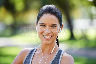 Buy stock photo Park, fitness and portrait of woman with earphones for exercise, training and cardio music. Athlete person, smile and headphones with happiness for audio streaming, podcast and healthy body workout