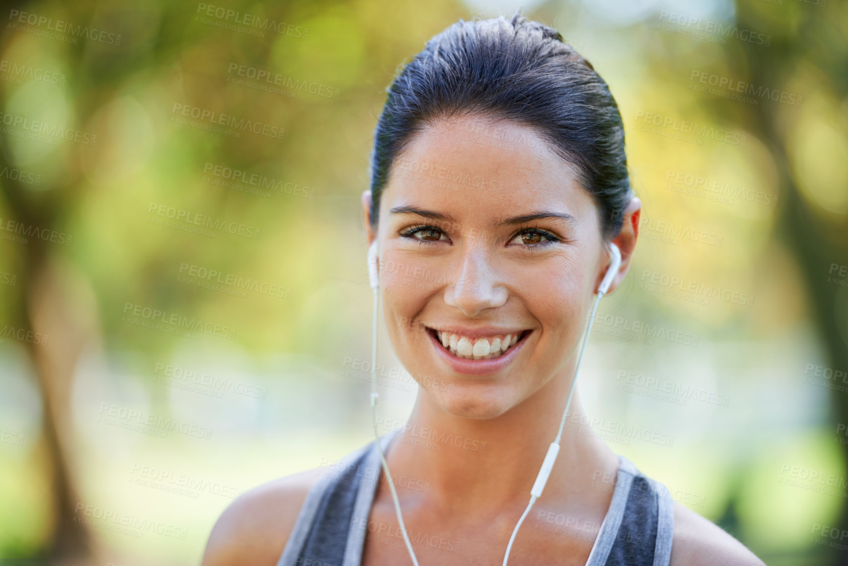 Buy stock photo Nature, fitness and portrait of woman with headphones for cardio, training and exercise music. Athlete, smile and earphones with happiness for podcast streaming, audio and healthy body workout