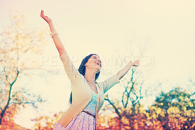 Buy stock photo Hands in the air, park and woman with celebration, smile and excited with achievement and success. Outdoor, person and girl with happiness and cheerful with joy and summer with sunshine and fresh air