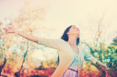 Buy stock photo Woman, relax and peace with freedom in park on holiday or vacation in nature of forest or woods. Girl, outdoor and breathing with zen from fresh air and trees in summer or energy from environment