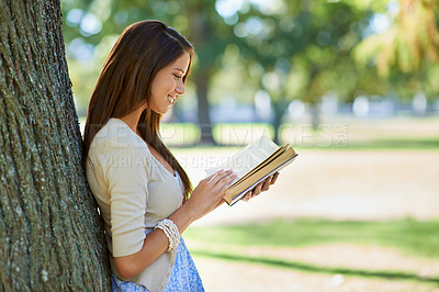 Buy stock photo Happy woman, park and reading book for learning, education or leisure in summer. Young person with story, fiction or literature for language, knowledge and studying or creative inspiration in nature