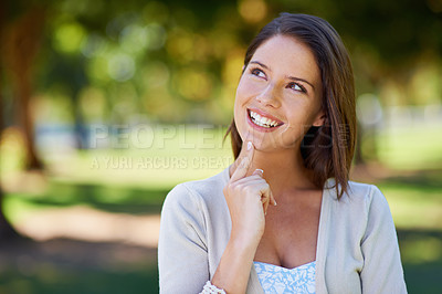 Buy stock photo Thinking, sunshine and outdoor with woman, smile and ideas with decision and problem solving. Person, fresh air and girl in a park, happiness and choice with solution and options with weekend break