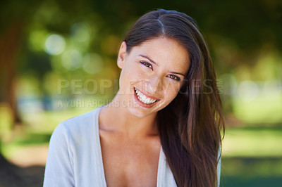 Buy stock photo Face, smile and portrait of a woman happy in a park in summer for beauty, excited and confident in nature. Head, garden and female person or model outdoor with freedom, happiness and style