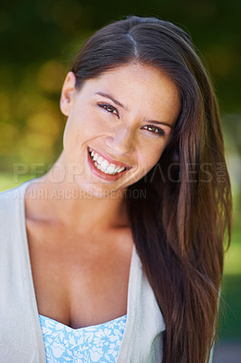 Buy stock photo Happy, smile and portrait of a woman with dental care in a park in summer for beauty, oral hygiene and confident in nature. Face, garden and young female person outdoor with clean mouth or dentistry