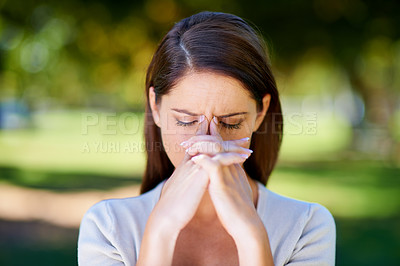 Buy stock photo Woman, frown or mental health as stress, anxiety or headache in need of help, support or wellness. Upset, burnout or tired girl as praying for fatigue, brain fog or crisis to end in nature park