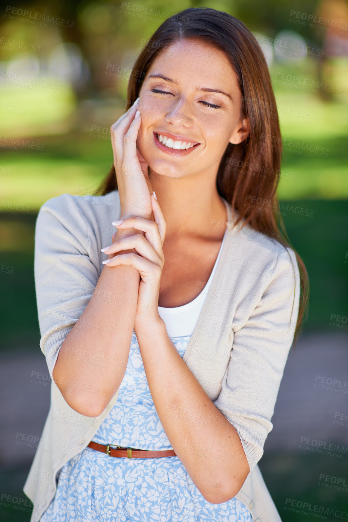 Buy stock photo Park, smile and sunshine with woman, relax and happiness with confident girl and thinking. Cheerful person, outdoor and summer with weekend break and casual outfit with nature and ideas with joy