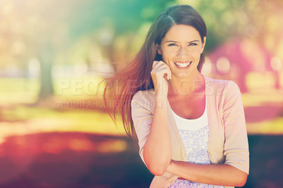 Buy stock photo Portrait, park and sunshine with woman, smile and cheerful girl with weekend break and fresh air. Face, confident person and casual outfit with nature and summer vacation with peace, relaxing or calm
