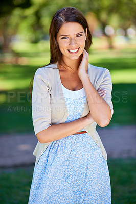 Buy stock photo Happy woman, portrait and park for fashion in nature with travel, confidence and summer clothes. Young and casual person in floral dress with smile, style and arms crossed in a garden or outdoor
