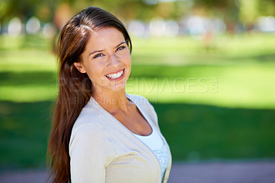 Buy stock photo Excited, outdoor and happy portrait of a woman in a park in summer and beauty, fashion and confident in nature. Head, garden and female person or model in Brazil with mockup space, smile and style