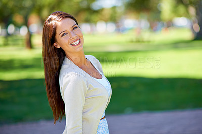 Buy stock photo Happy, park and fashion portrait of a woman outside in summer for beauty, excited and confident in nature. Garden, Brazilian and female person or model outdoor with freedom, sunshine and style