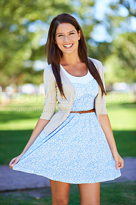 Buy stock photo Portrait, girl or fun in spring, fashion or stylish as casual, outfit or fresh air to relax in park. Happy, woman or trendy clothing as boutique designer couture for leisure wear on sunny day
