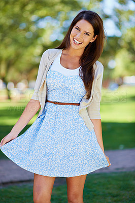 Buy stock photo Portrait, girl or playful in spring, fashion or couture as stylish, casual or fresh outfit to relax. Happy, woman or proud of trendy, designer or boutique clothing on sunny day in park for leisure