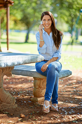 Buy stock photo Woman, smartphone and call with smile, park and nature with summer communication. Student, conversation and discussion with happiness, sunshine and freedom with technology for speaking to people
