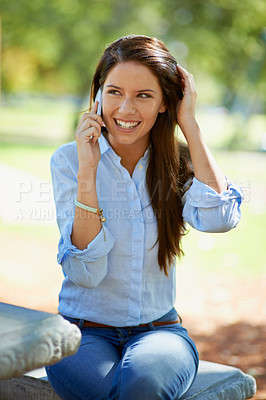 Buy stock photo Smile, woman and phone call in a park for contact, conversation or communication outdoor. Smartphone, hello and female person relax in nature with web connection, chat or speaking while in a forest