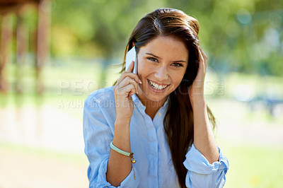 Buy stock photo Portrait, happy woman and phone call in park for contact, conversation or communication outdoor. Smartphone, face  or lady person relax in nature for web connection, chat or speaking while in forest