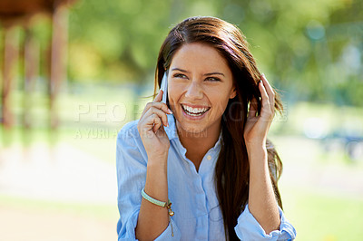 Buy stock photo Woman, cellphone and phone call with smile, summer and park with nature communication. Student, conversation and discussion with happiness, sunshine and excited with technology for speaking to people