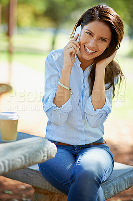 Buy stock photo Happy woman, portrait and phone call in park for contact, conversation or communication outdoor. Smartphone, face or lady person relax in nature with web connection, chat or speaking while in forest