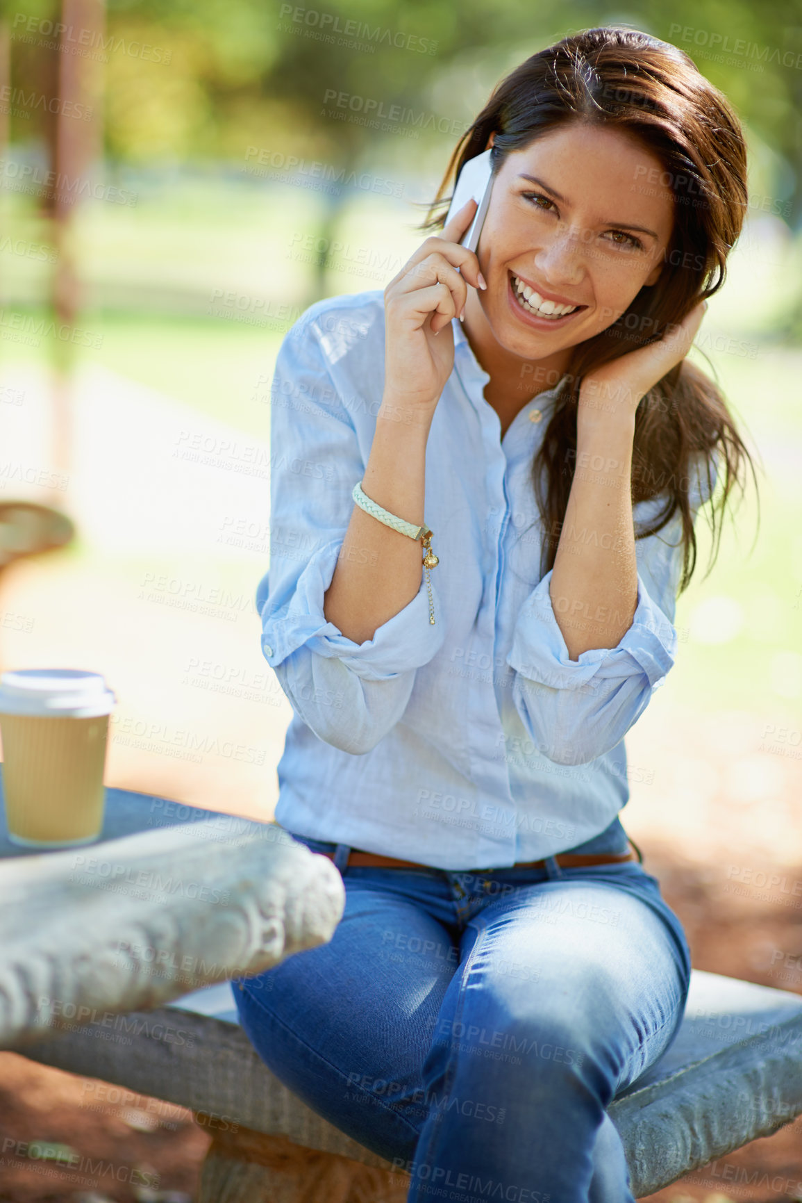 Buy stock photo Happy woman, portrait and phone call in park for contact, conversation or communication outdoor. Smartphone, face or lady person relax in nature with web connection, chat or speaking while in forest