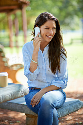 Buy stock photo Phone call, hello and happy woman in a park for contact, conversation or communication outdoor. Smartphone, smile or lady person relax in nature with web connection, chat or speaking while in forest