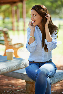 Buy stock photo Woman, cellphone and phone call with smile, park and nature with summer communication. Student, conversation and discussion with happiness, sunshine and listening with technology for speaking