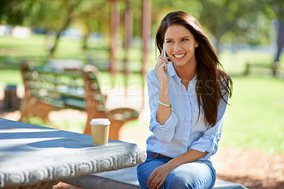 Buy stock photo Park, phone call and woman with nature, relax and sunshine with contact and communication. Happy person, outdoor and girl with smartphone and summer with mobile user or digital app with weekend break