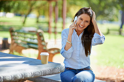 Buy stock photo Park, phone call and woman with smile, relax and sunshine with weekend break and communication. Happy person, outdoor and girl with cellphone and summer with mobile user and digital app with contact
