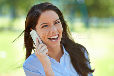 Buy stock photo Park, phone call and relax with woman, funny and sunshine with contact, weekend break or communication. Happy person, outdoor or girl with cellphone or summer with mobile user, excited or digital app