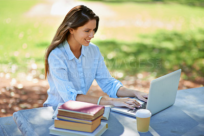 Buy stock photo Laptop, happy woman and books at university campus for studying, learning or assignment research. Pc, search or gen z female student outdoor with notebook for college, education or homework project