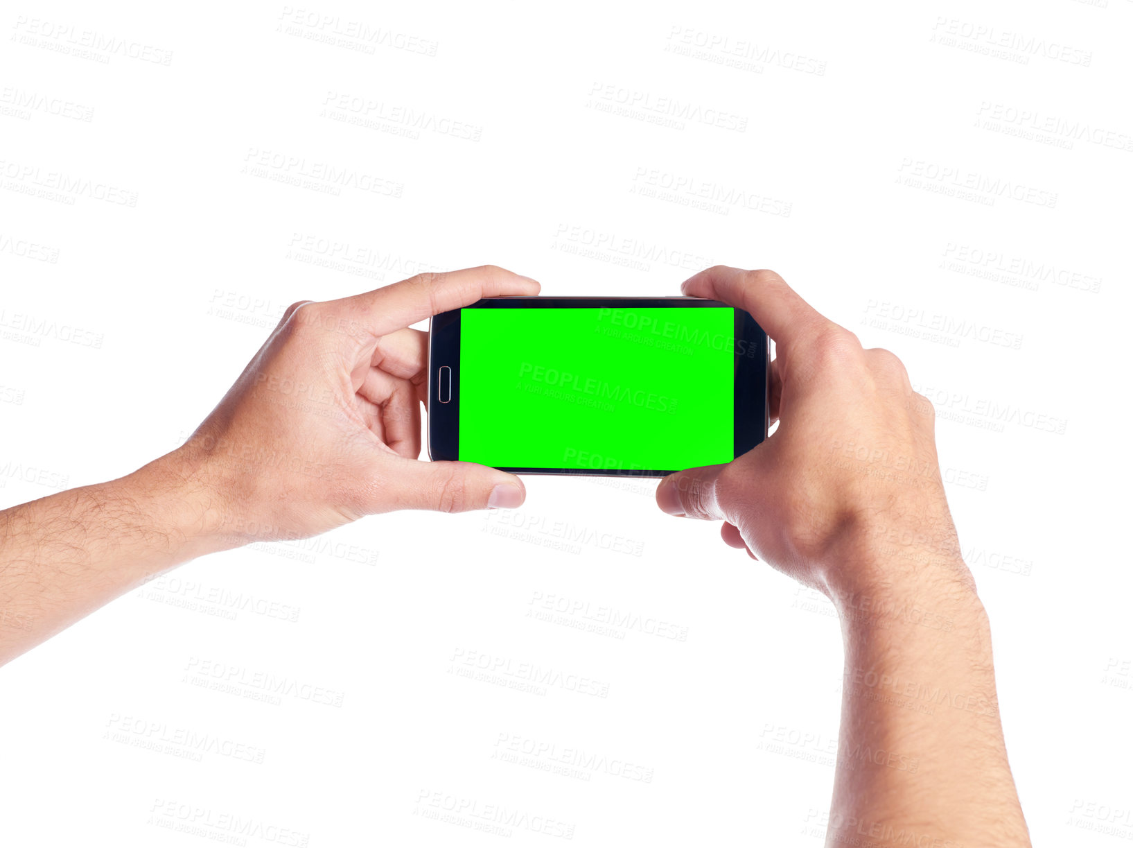 Buy stock photo Phone, hands or green screen in studio with social media mockup, search or internet communication on white background. Smartphone, space or person show google it sign up, app for gaming subscription