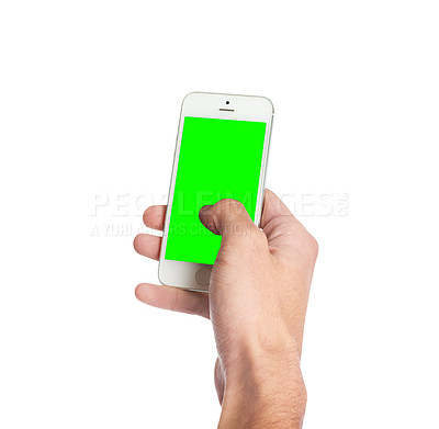 Buy stock photo Hands, studio or green screen phone with mockup for social media, search or internet communication on white background. Smartphone, space or person show google it sign up, app or Netflix and chill