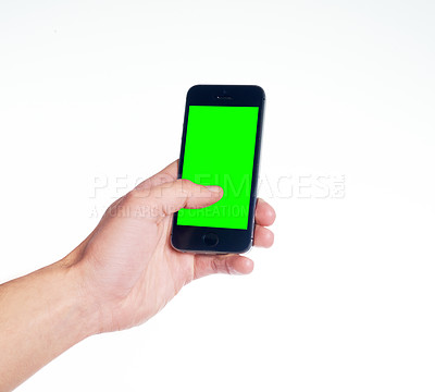 Buy stock photo Mockup, studio and hands with green screen phone for social media, search or internet communication on white background. Smartphone, space or person show google it sign up, app or website scroll