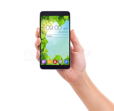 Buy stock photo Phone, screen and hand holding mobile ui in studio isolated on white background mockup space. Smartphone, closeup or display on digital software, wallpaper or app icons on search bar for time on tech