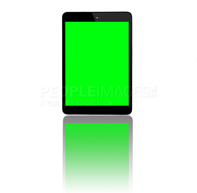 Buy stock photo Tablet, green screen and mockup in studio for advertising space, display or promotion with white background. Technology, chromakey and computer for announcement, digital branding and marketing