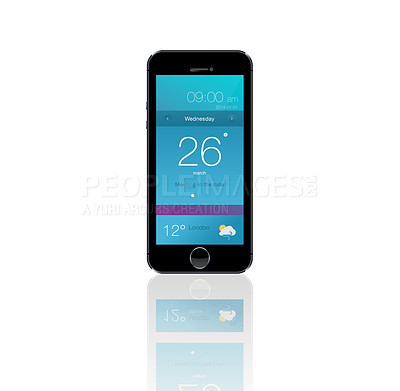 Buy stock photo Phone screen, technology and ui of mobile in studio isolated on a white background mockup. Smartphone, cellphone and display of digital electronics on software for weather app or time on reflection