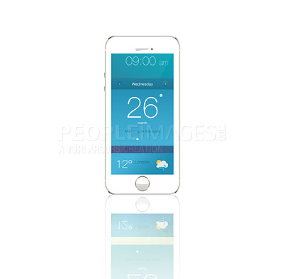 Buy stock photo Smartphone screen, technology and ui of mobile in studio isolated on a white background mockup. Phone, cellphone and display of digital electronics, weather app and time on software with reflection