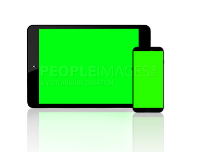 Buy stock photo Tablet, studio and greenscreen for mockup, future and data with mobile interface. High tech, logo and screen for space, connectivity and futuristic social electronics isolated on white background