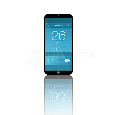 Buy stock photo Phone screen, technology and ui of mobile in studio isolated on a white background mockup space. Smartphone, cellphone and display of digital electronics, software and app icons with weather info