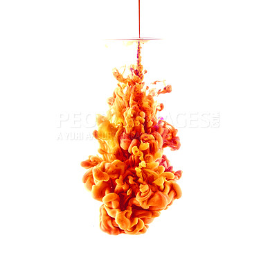Buy stock photo Water, paint and orange for ink, color and explosion for glow, inferno and lava on white background. Bright and bold for vibrant, red and yellow for creative and artistic for burst and wallpaper 