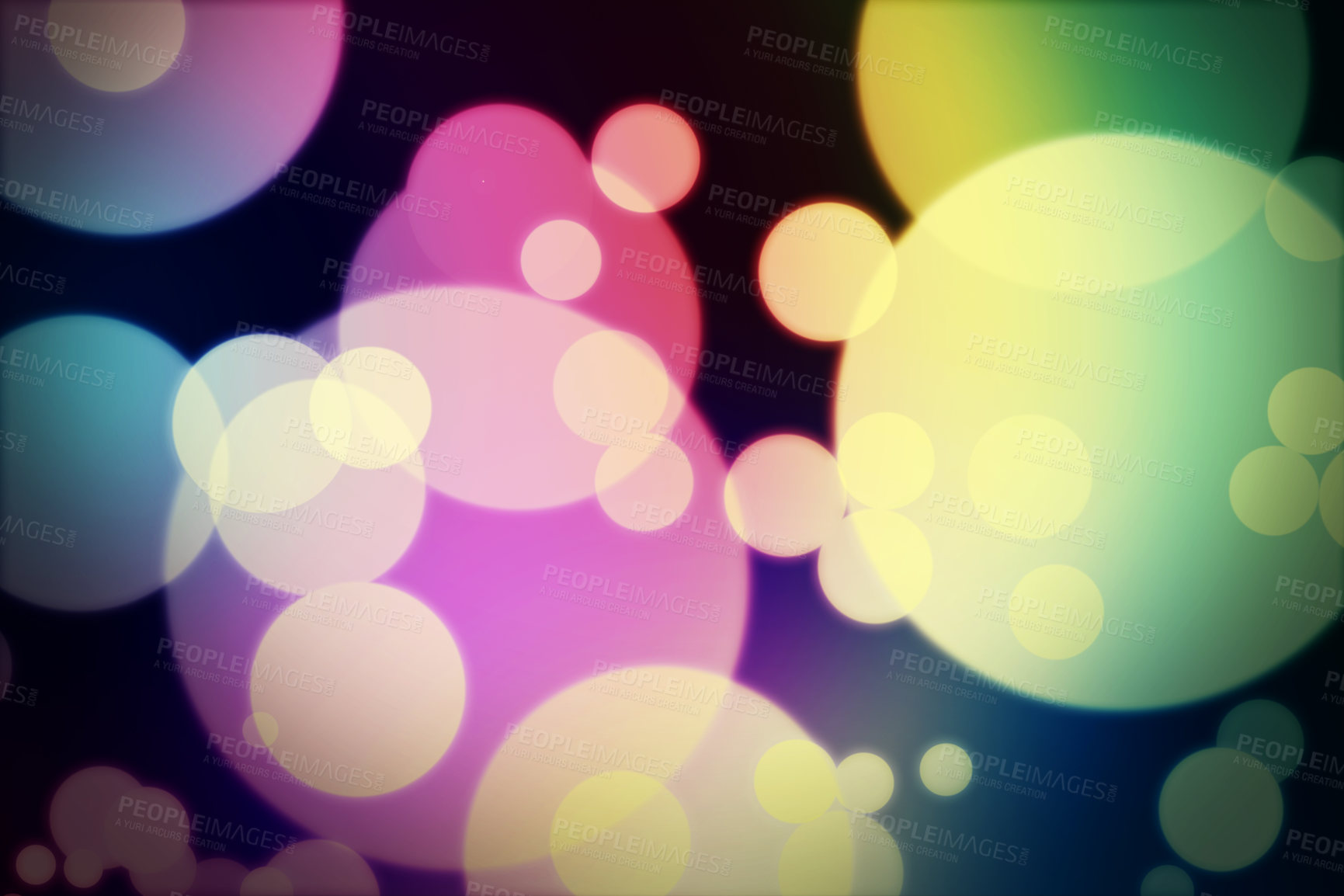 Buy stock photo Bokeh, circle and colorful sparkle wallpaper with lights for abstract pattern, design or texture of a background. Lens flare of color, lighting or blur bubbles of element, glitter or effect at night