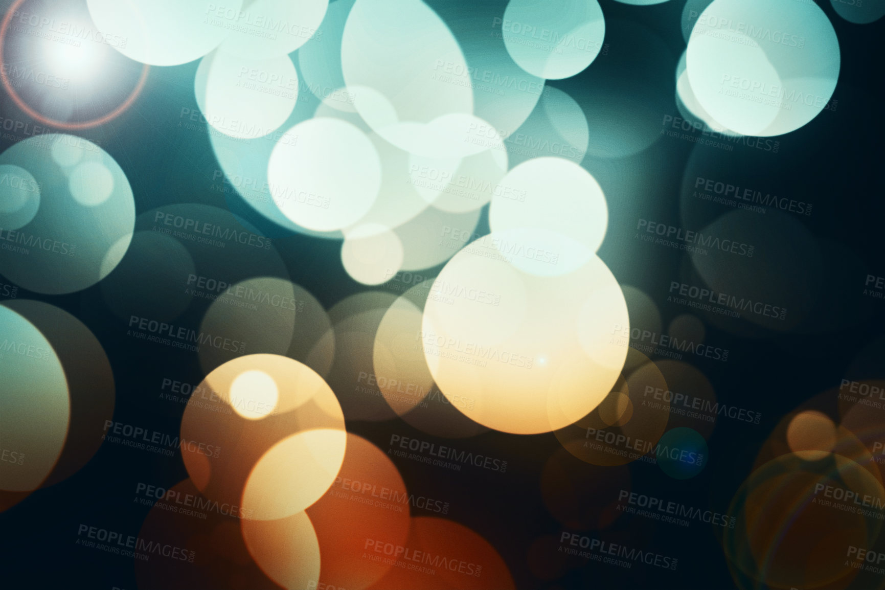 Buy stock photo Bokeh, circle and wallpaper with lights for abstract pattern, design or texture of a background. Lens flare and space of color or lighting with blur texture, element or glitter effect in the night