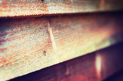 Buy stock photo Vintage, cabin and wall with wood material for old shed, shack and architecture design. Rough texture, timber and brown plank with panels for lodge, hardwood structure and closeup of building