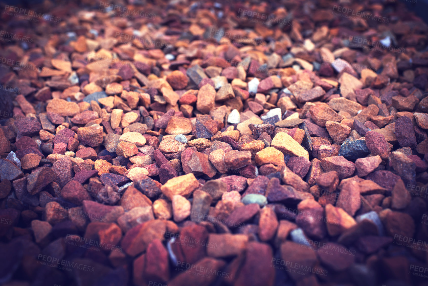 Buy stock photo Gravel, rock and stone on ground closeup outdoor with detail on texture of environment or dirt road. Rocky, material and wallpaper of natural pebbles in nature or background with grit and no people