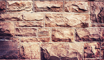 Buy stock photo Closeup, brick wall or design with structure, architecture or pattern with building or brick. Empty, cement or light with stone or color with solid or exterior with texture or concrete with wallpaper