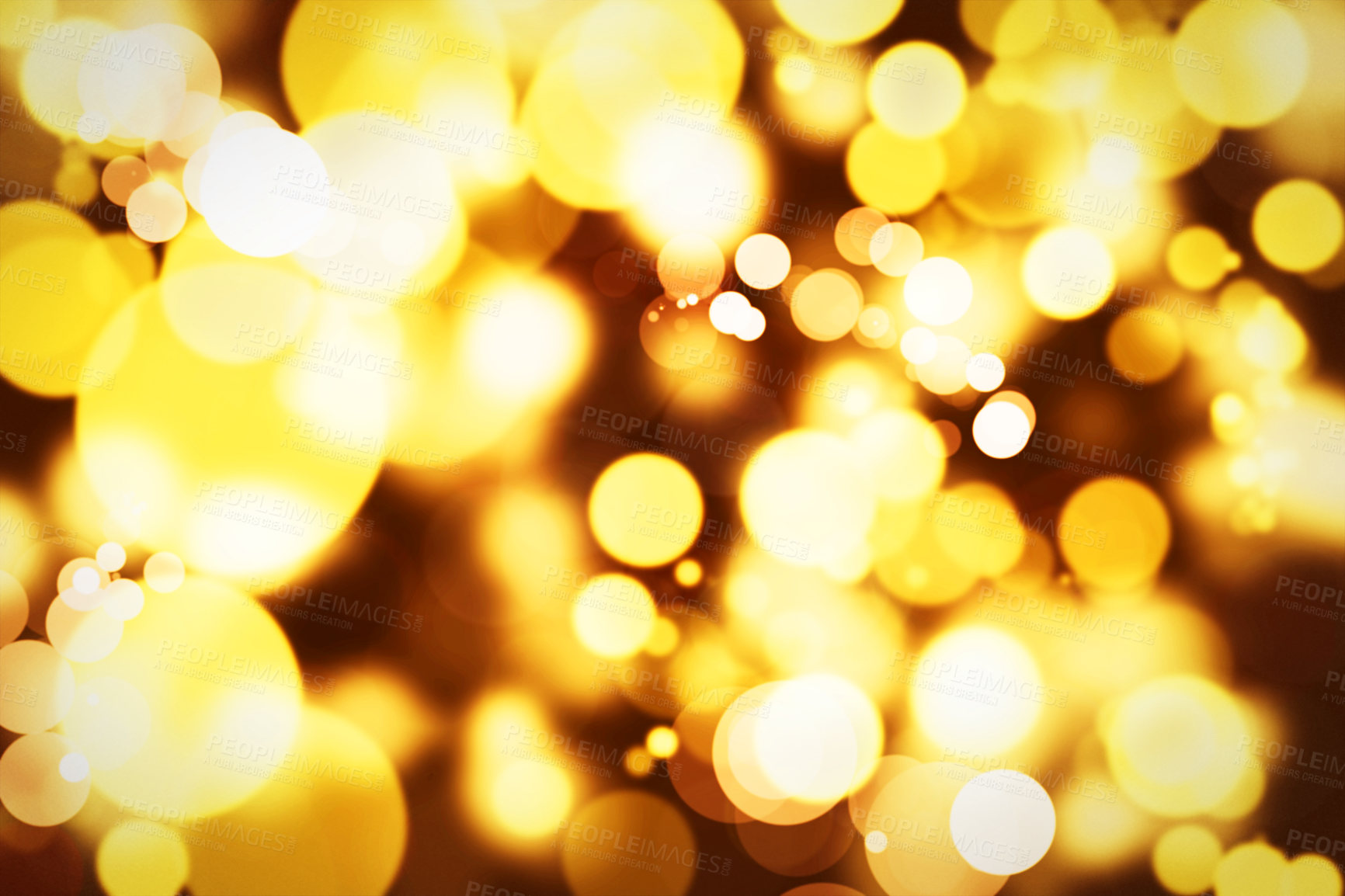 Buy stock photo Abstract, design and gold bokeh with circle, Christmas theme, decor and creativity with color. Wallpaper, effects and sparkle or shine with pattern, shape and creative graphic for screensaver